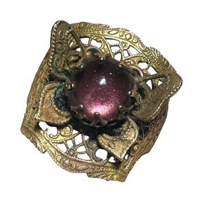 Antique Style Vtg Brass Filigree Butterfly Ring Purple Cabochon Adjustable Boho